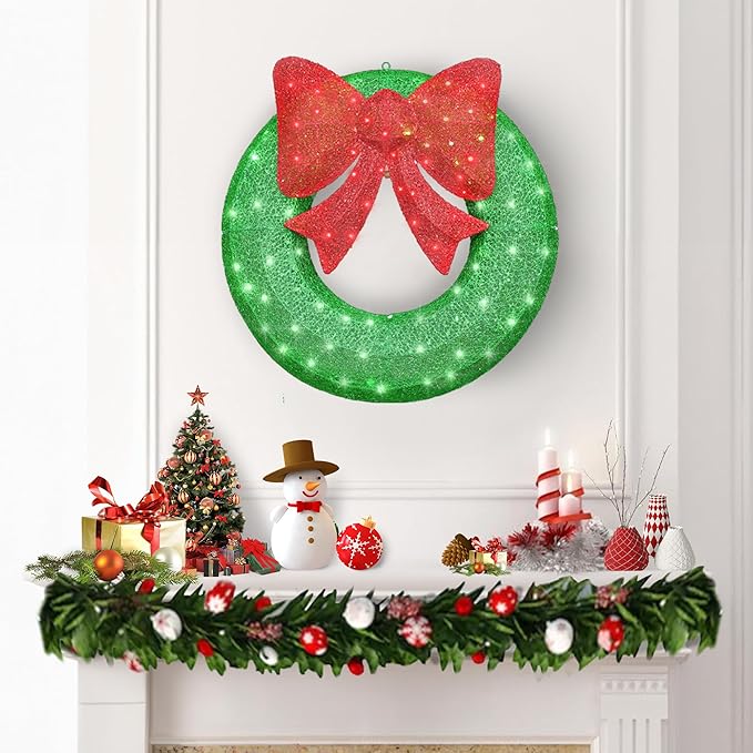 Lamerge 1PC Pre-Lit Outdoor Christmas Wreath Decorations, 36'' Bow Holiday Decor Wreath, Christmas Wreath with 90 Lights, Lights Outdoor/Indoor Decorations for Front Door, Wall, Window, Green