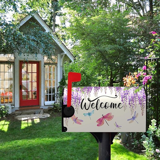 Violet Spring Floral Welcome Mailbox Covers Magnetic Purple Flowers Dragonflies Mailbox Cover Summer Post Box Cover Wraps Standard Size 18 X 21 Inch for Home Yard Decorations