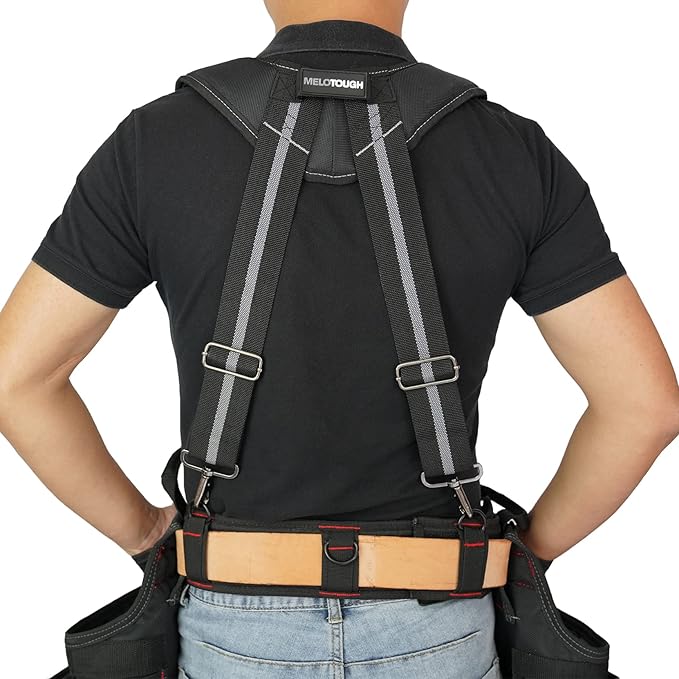 MELOTOUGH Tool Belt Suspenders Construction Work Suspenders with detachable phone holder comfortable foam shoulder padder (Grey)