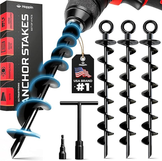Happin® Heavy Duty Ground Anchors Screw in for Power Drills, Tent Stakes Heavy Duty for Secure Hold, Yard Stakes, Camping Tents, Gazebo, Trampoline Stakes for High Stability Wind Resistance (4 Pack)