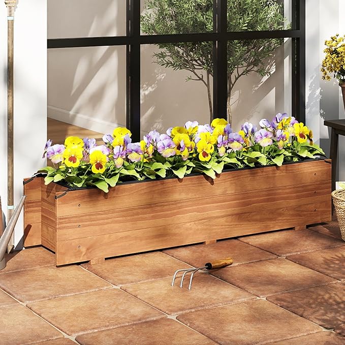 S AFSTAR Raised Garden Bed, 44" x 11" x 10" Wood Rectangle Planter Box with Drainage Holes, Water-Resistant Paint, Decorative Window Box, Outdoor Garden Bed for Fruit Vegetable Flower Herb, Orange