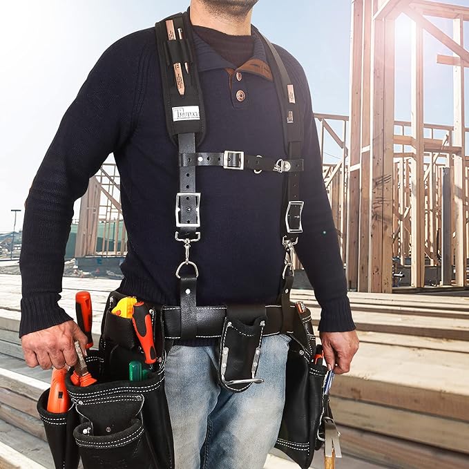 Leather Work Suspenders With Pockets | Fully-Adjustable Padded Leather Tool Belt Suspenders