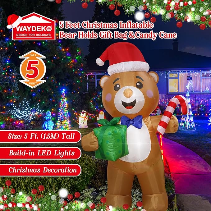 Christmas Inflatables Bear Gift Box Candy Cane Lighted Yard Lawn Inflatable Decoration with Built-in Fan and Stakes Ropes Holiday Party Decor, Christmas Decor (5FT-Bear Holds Giftbox & Candy Cane)