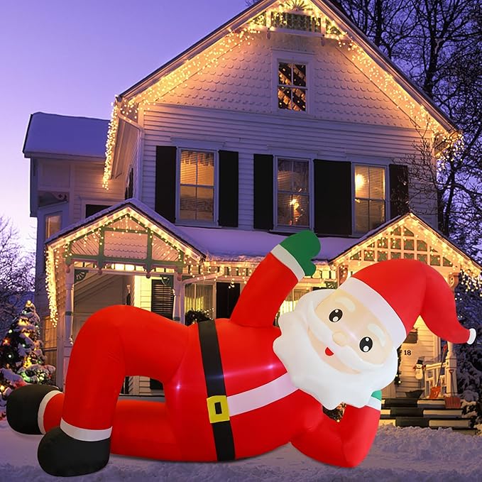 Juegoal Christmas Inflatables Outdoor Decorations, 12FT Long Inflatable Xmas Santa Claus, Lighted Blow Up Giant Lying Santa with Built in LED Lights, Light Up Holiday Winter Lawn Yard Garden Decor