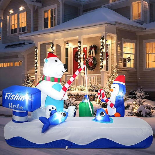 7FT Giant Inflatable Christmas Decor,Cute Polar Bear Fishing with Penguin, Holiday Party Decor,Outdoor Blow Up Yard Decoration with Built-in LED Lights for Xmas, Garden, Lawn