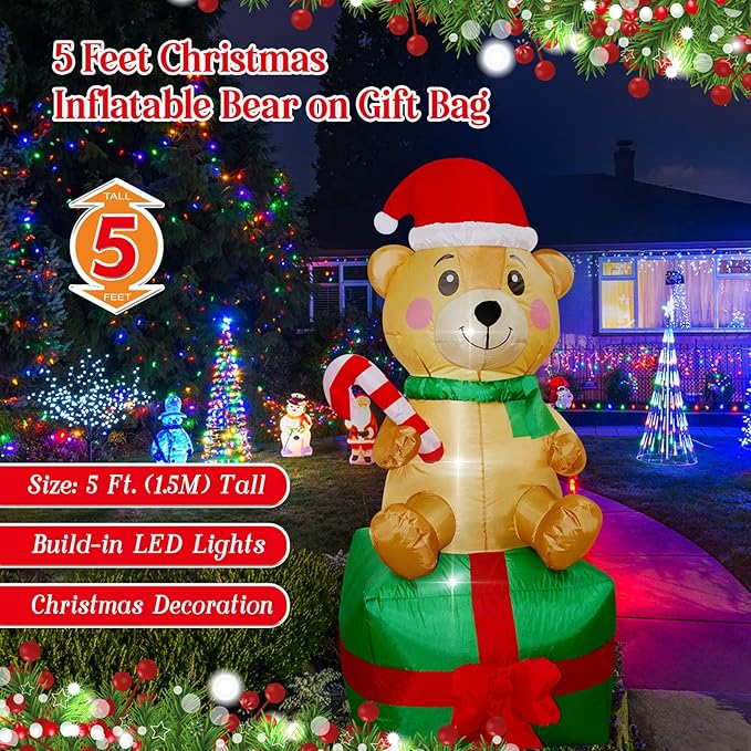 Christmas Inflatables Bear on Gift Box Lighted Yard Lawn Inflatable Decoration with Built-in Fan and Stakes Ropes Holiday Party Decor, Christmas Decor (5FT- Bear on Giftbox)
