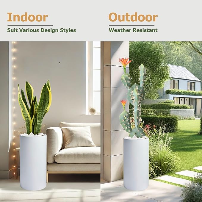 19.5"H x 9.8"D Tubo Fiberstone Cylinder Tall Planter, Christmas Tree Planter, Smooth Finishes, Weather Resistant for Indoor & Outdoor Use, Included 2 Extra Coco Mats (White,8.2" Pot Opening)