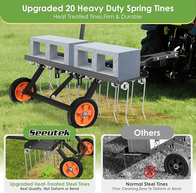 Seeutek 40 Inch Tow Behind Dethatcher, Pull Behind Lawn Dethatcher with 20 Spring Steel Tines Lawn Dethatcher Rake for ATV or Mower w/2 Cement Brick Straps and Gloves, for Garden Farm Grass