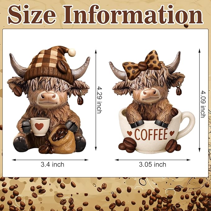 Wesiti 2 Pcs Highland Cow Figurines Coffee Highland Cow Gnomes Scottish Resin Statue Calf Lovers Gifts for Christmas Home Garden Kitchen Office Tiered Tray Table Decor