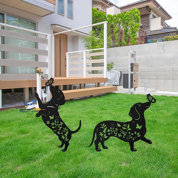 Dachshund Decorative Garden Stakes, 2 Pcs Dachshund Gifts for Women Men Metal Garden Stakes, Dog Butterfly Floral Silhouette Outdoor Yard Art Lawn Decor
