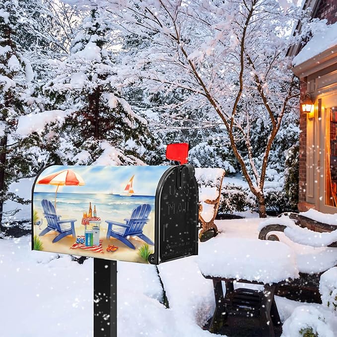 Summer Mailbox Covers Magnetic Beach Mailbox Cover Ocean View Mail Box Covers Sun Umbrella Post Letter Box Wraps Standard Size 21x18 inch Blue Chair Decorations for Outside Garden Yard