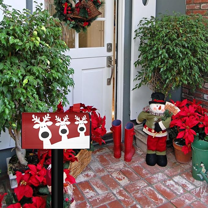 Christmas Reindeer Mailbox Cover, Xmas Elk Post Letter Red Large Size Magnetic Mailbox Cover, New Year 25.1" Lx 21" W Holiday Waterproof Outdoor Mail Wraps for Garden Yard