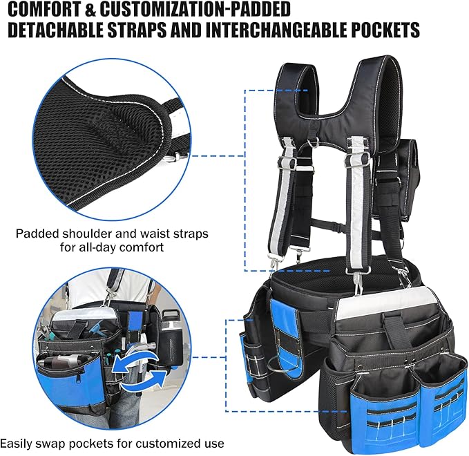 Tool Belt with Suspenders for Men, Heavy Duty Construction Tool Belt with 32 Pockets, 1680D Material, Reflective Strips for Safety, HVAC Toolbelt for Men