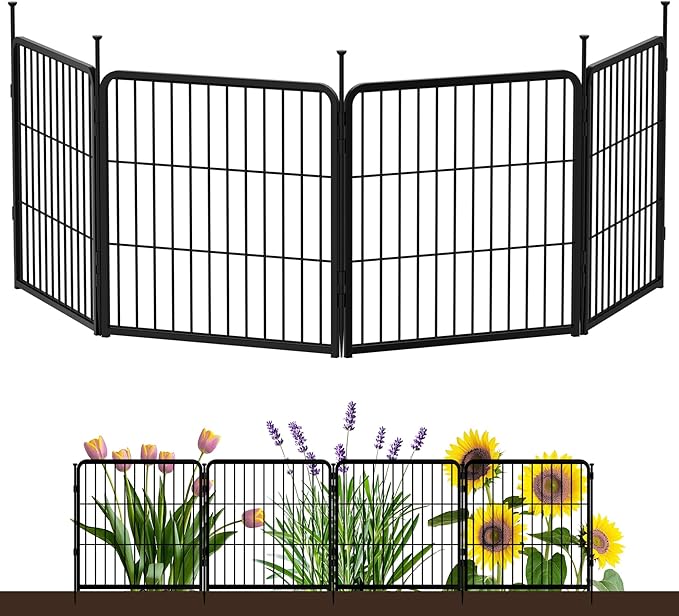 SunsGrove Garden Fence 24 in(H) x 7.4 ft(L) 4 Panels, Heavy Duty Metal Animal Barrier Fence for Dogs, Easy No-Dig Setup, Decorative Dog Fences, Black