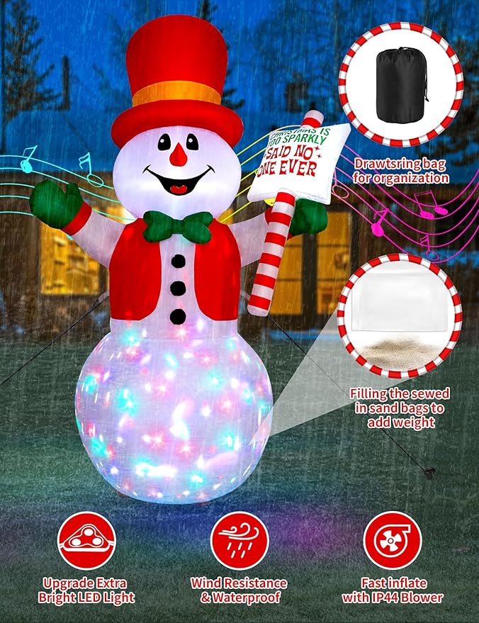 6 FT Christmas Inflatable Snowman with Motion-Activated Christmas Greeting Music & Spinning Light, Blow Up Gentleman Snowman Outdoor Inflatable Decoration for Holiday Yard Lawn Patio