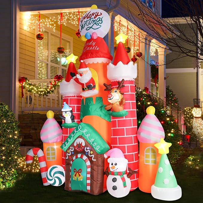 Christmas Inflatables Outdoor Decoration Castle - 10FT Inflatable Christmas Castle with Snowman Penguin Reindeer Giant Outdoor Indoor Blow Up Airblown LED Light Yard Lawn Garden Home