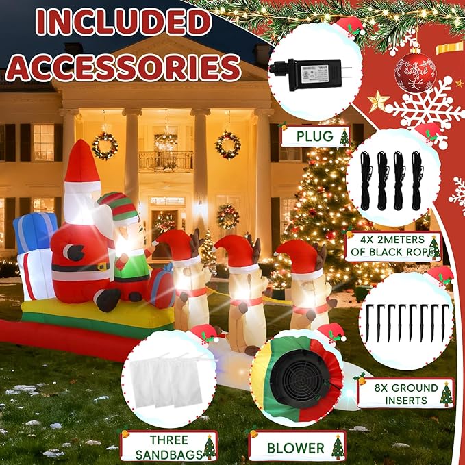 10FT Three Elks Pulling Santa Claus on a Sleigh Christmas Decoration with Built-in LED Lights, Christmas Outdoor Inflatable Decoration for Lawns, Yards, Gardens, and Patios