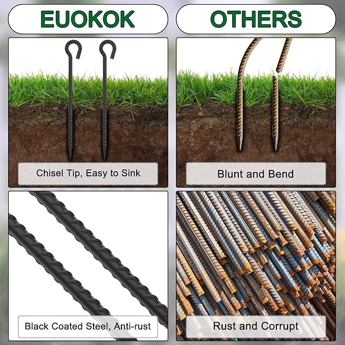Rebar Stakes 24 Inch with Loop (Set of 6) | 1/2 Inch Thick Tree Stakes and Supports, Steel Tarp Pegs, Camping Tent Ground Anchors | Create Rope Border, Fence, Pathway | for 1.18" Diameter Rope (Black)