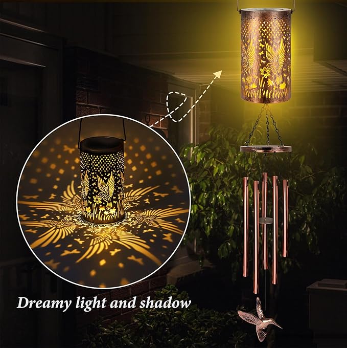 YHmall Solar Wind Chimes for Outside, Solar Lantern Windchimes Outdoors Hummingbird Gifts for Women Mom, Memorial Wind Chimes Gifts for Garden Decor