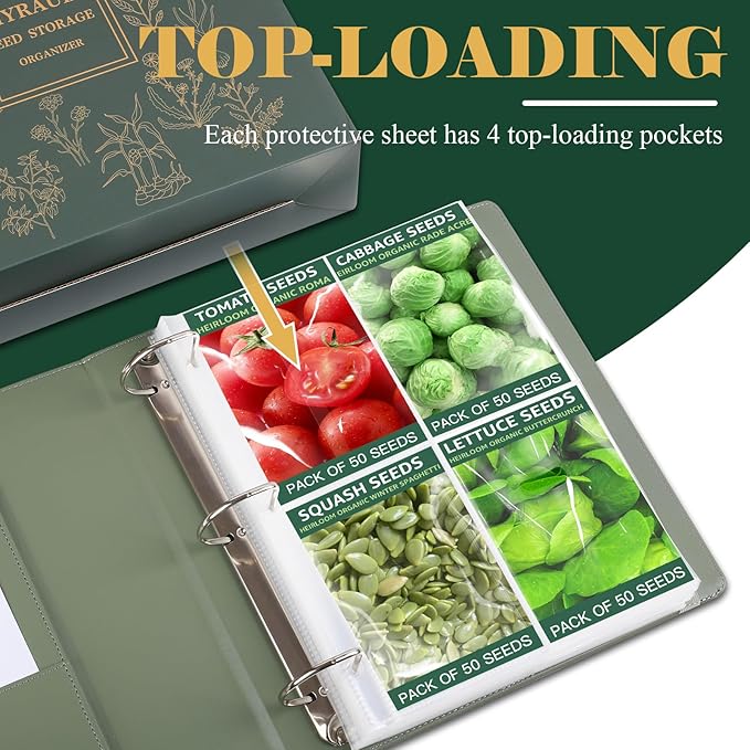 50 Pack 200 Pockets Seed Packet Binder Sleeves, Garden Seed Storage Organizer Pages for 3 Ring Binder, Slot Size 4x5.5 Clear Sleeves for Seed Holder Container, Seed Saver Protector