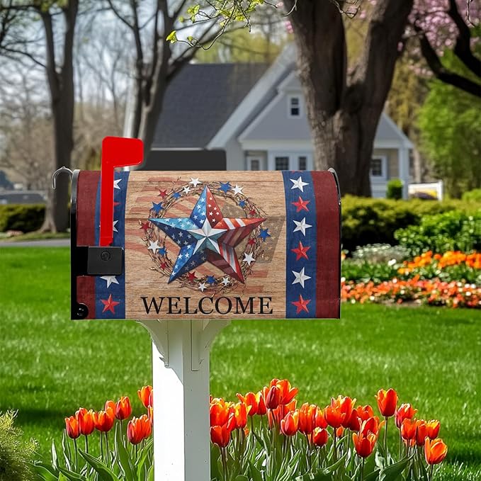 4th of July Mailbox Cover Patriotic Mailbox Covers Magnetic Welcome Post Letter Box Cover Star Mail Box Wrap Home Decor Outdoor Yard Decoration for Garden Standard Size 21x18 inch