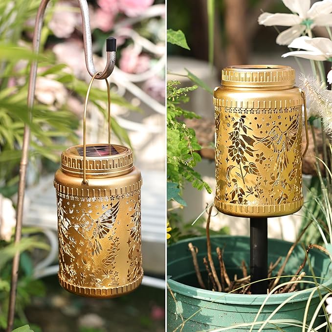 Cooo 2 Pack Solar Pathway Lights & Solar Lanterns Outdoor Waterproof Landscape Path Lights Christmas Lights Gifts for Women Mom Grandma for Garden Yard Patio Backyard Porch Decor- Gold Hummingbird