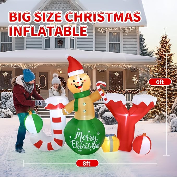 Christmas Inflatables Outdoor Decorations, 6 X 8 FT Gingerbread Large Blow Up Yard Decor with 7 LED Lights, Christmas Party Outdoor, Yard, Garden, Lawn Winter Decorations Ornaments