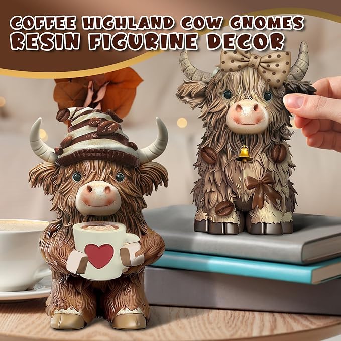 2 Pack Christmas Highland Cow Resin Figurine Decor Coffee Theme Highland Cow Gnomes Starfish Resin Statue for Garden Table Shelf Kitchen Home Coffee Bar Decor Calf Gnome Herd Gifts