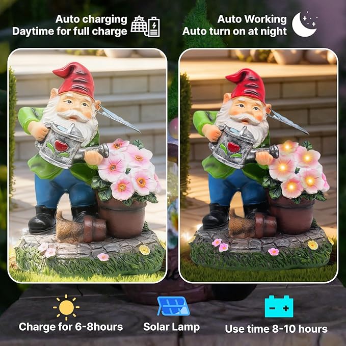 Garden Gnome Statues Decor with Solar Lights, Outdoor Decorations for Yard Porch Lawn Balcony Patio, Housewarming Gifts