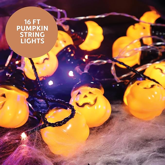 50 Piece Halloween Decorations Outdoor Set, All Included Decor Kit, Hanging Skeleton Ghost, Purple & Orange String Lights, Spider Webs, Creepy Cloth, Caution Tape, Pumpkin Lights, Yard & Door Signs