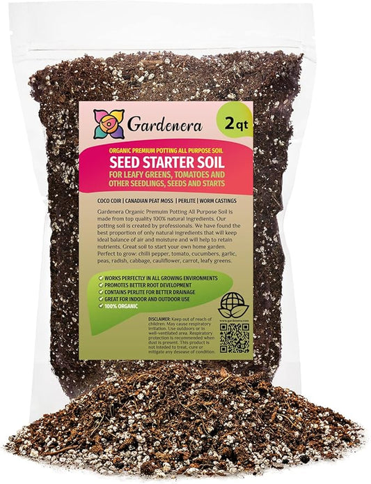GARDENERA Organic Premium Potting All Purpose Soil - Seed Starter Soil for Leafy Greens, Tomatoes and Other Seedlings, Seeds and Starts - (2 Quart Bag)