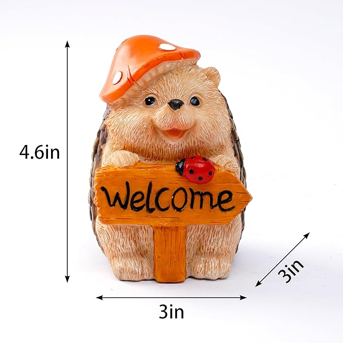 Garden Hedgehog Welcome Sign Statue with Mushroom Hat, Solar LED Ladybug Light, Outdoor Decorative Figurine 4.6in, Housewarming Gift for Patio,Yard,Lawn Ornament