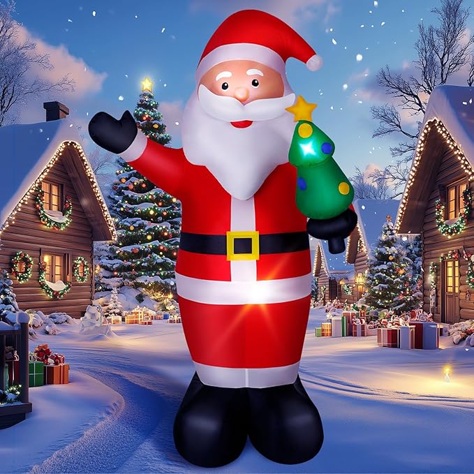 8FT Christmas Inflatable Santa Claus Outdoor Decorations, Inflatable Santa with Xmas Tree Built-in LED Lights, Blow Up Yard Decorations for Holiday Xmas Party Indoor Garden Lawn