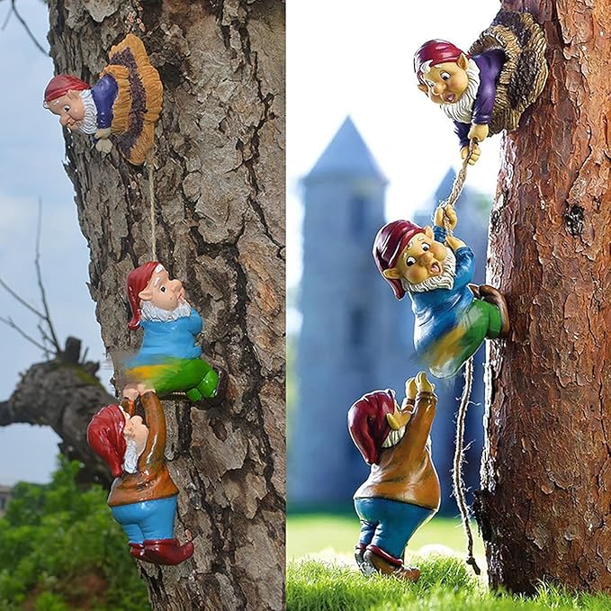 Teaeeno Gnome Climbing Tree and Tree Stump Decor,Garden Gnome Statue Set,Vivid Fairy Gnome Outdoor Sculpture,Whimsical Gnomes Miniature Figurines,Micro Gnome Landscape Figurine for Lawn Balcony Patio