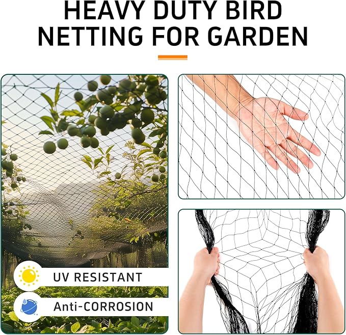Black Garden Bird Netting, 1" Mesh Net Garden Poultry Netting, Heavy Duty Reusable Garden Fence Net Protect Vegetable Plants Fruit Tree Chicken Coop from Birds and Other Animals, 50' x 50'