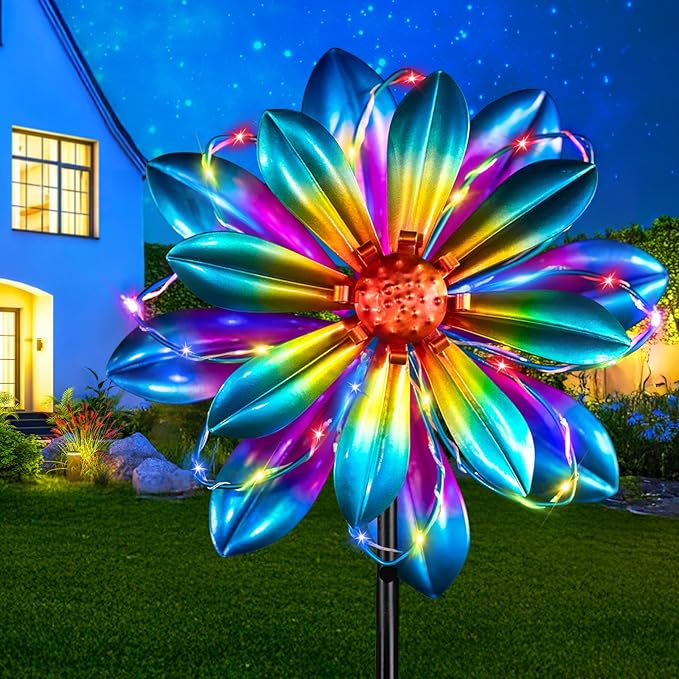 Flower Solar Wind Spinners - 61'' Metal Colorful Spinning Windmill Garden Ligths with LED Outdoor Decorative Stake Lighting Waterproof Flower Sculpture for Patio Yard