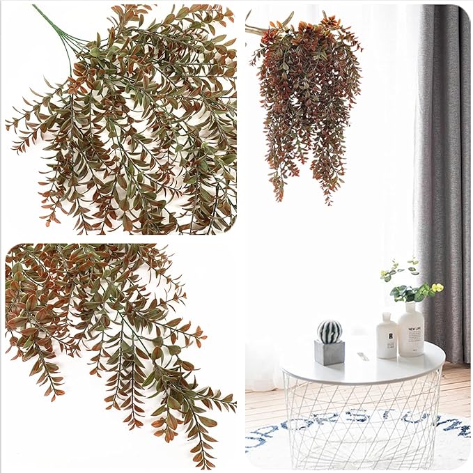 Artificial Hanging Plants Red 4 Pack, Brown Leaves Fake Vines Decoration Plastic Ivy Leaf Rattan Greeny Vine Houseplants for Wedding Indoor Outdoor Home Garden Bedroom Office Wedding Décor