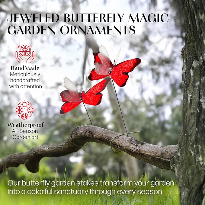 Handmade Red Butterfly Garden Stakes Set of 7 - Decorative Outdoor & Indoor Plant Decor - Nature Lover Gift Idea by Air Aquarium Kushner