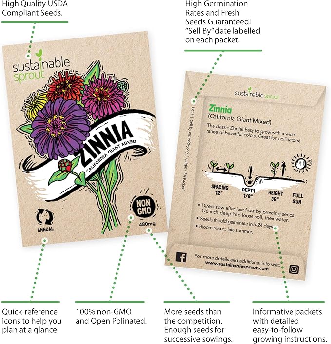 Seeds for Planting Flowers: 8 Bulk Variety Packets Zinnia, Nasturtium, Marigold, Purple Coneflower, Cosmos, Calendula, Bachelor's Button & Sunflower Seeds, Non GMO Flower Seed by Sustainable Sprout