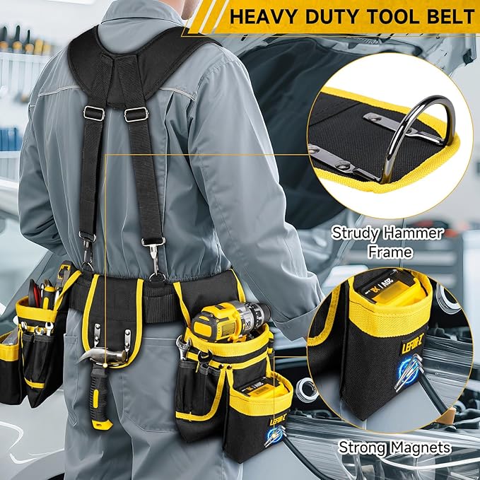 Tool Belt with Suspenders,27-Pockets Heavy Duty Tool Belts for Men with Magnetic Tool Pouch,Detachable & Adjustable Work Belt Bag for Electrician,Carpenter,Construction,Utility Toolbelt,Black,Yellow