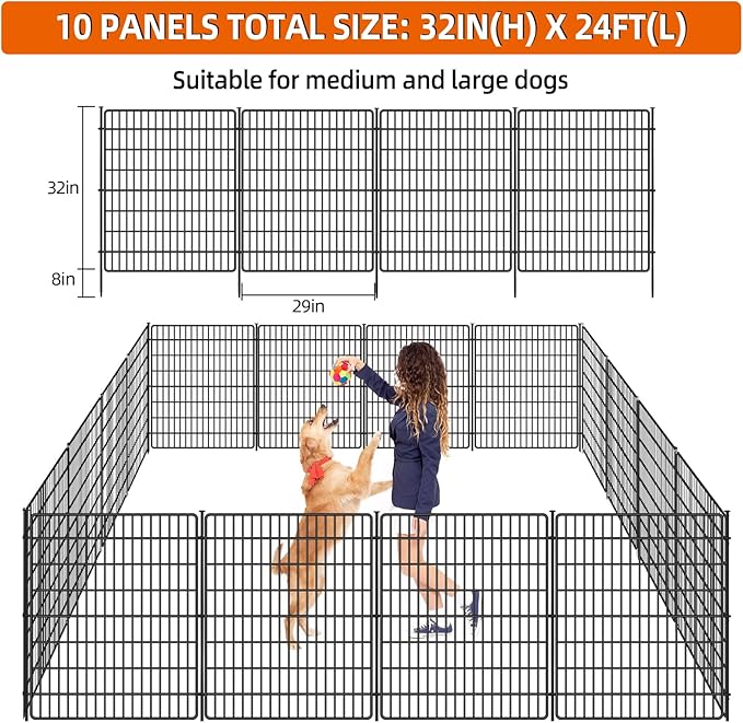 10 Panels No Dig Fence with Gate, 32 in(H) X 24 ft(L) Garden Decorative Fence Animal Barrier for Dogs, Rustproof Metal Garden Edging Border for Outdoor, Yard, Patio, Black