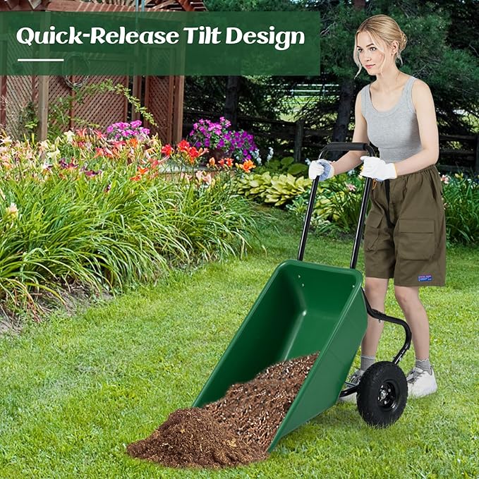 Goplus 2 Wheel Wheelbarrow, 330 LBS Utility Garden Cart with 10” Pneumatic Tires & Handle, 21 Gal Volume, Yard Dump Cart Wheel Barrow, Heavy Duty Wheel Barrow for Lawn