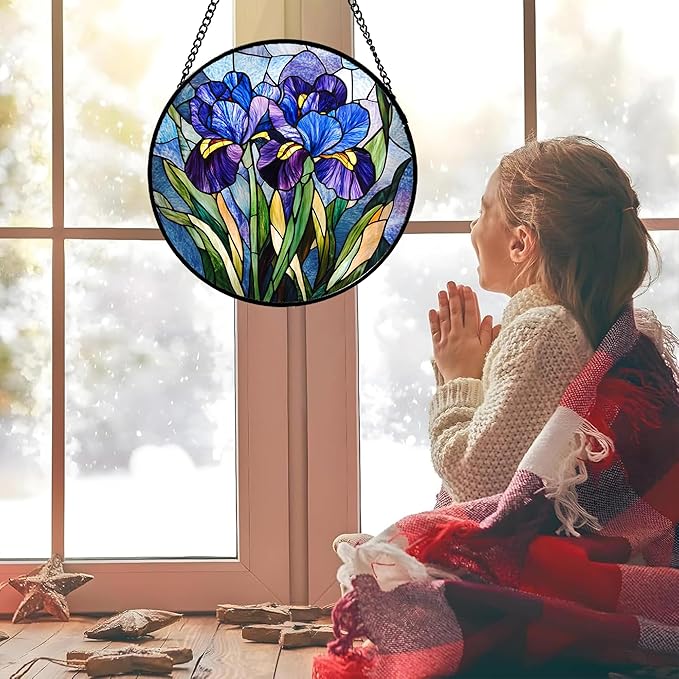 Stained Glass Window Hanging - Blue Purple Iris Flower Suncatcher for Door Garden Patio Sun Catchers Decor Christmas Mother's Day Birthday Gifts for Women Men Mom Nana Aunt Friend 7.8 in