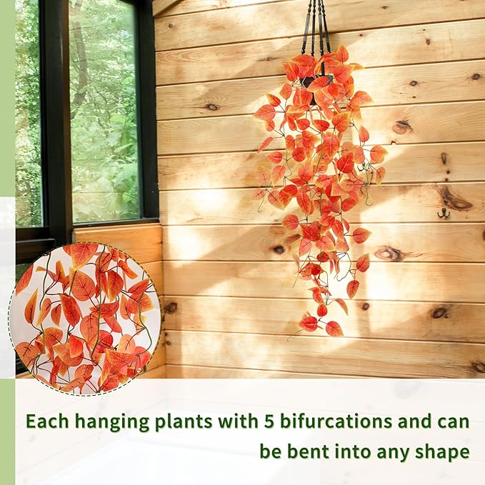 LOYWREE Small Artificial Plants Hanging Potted Fall Foliage - Orange Faux Ivy Vine & Pothos for Shelves. Ideal for Home, Office, Indoor & Outdoor Gardens (Black Pot)