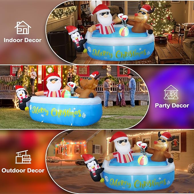 7FT Christmas Inflatable Outdoor Decoration, Christmas Inflatables Santa Claus Cheers Pool Party with Built-in 8 LED Lights & Air Blower for Xmas Blow Up Yard Decorations Outdoor Indoor