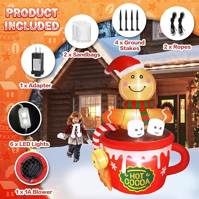 Gardentime 6FT Christmas Gingerbread Man Inflatables Outdoor Decoration Hot Cocoa Cup Cute Giant Xmas Blowups with Built-in LED Lights for Holiday Indoor Yard Lawn Garden Outside Home Décor
