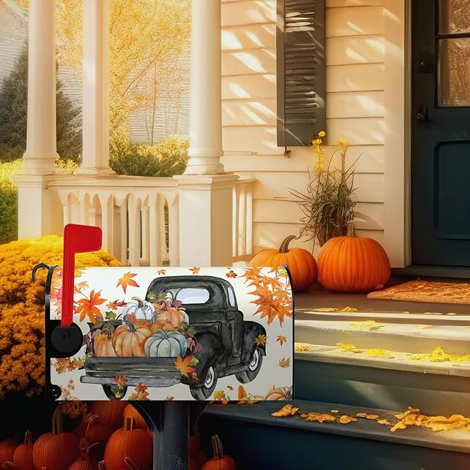 Fall Harvest Mailbox Covers Magnetic Large Size Thansgiving Pumpkin Mailbox Post Cover Maple Leaves Truck Waterproof Mailbox Wraps Mail Cover for Garden Yard Oversized 25.5 X 21 Inch