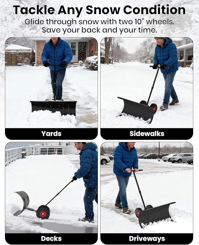 Snow Pusher with Wheels for Driveway, 36" Wide Heavy Duty Steel Blade, 5-Position Angle Adjustment & 60° Tilt Handle, Ergonomic Push Snow Shovel with Ground Protection for Effortless Snow Removal
