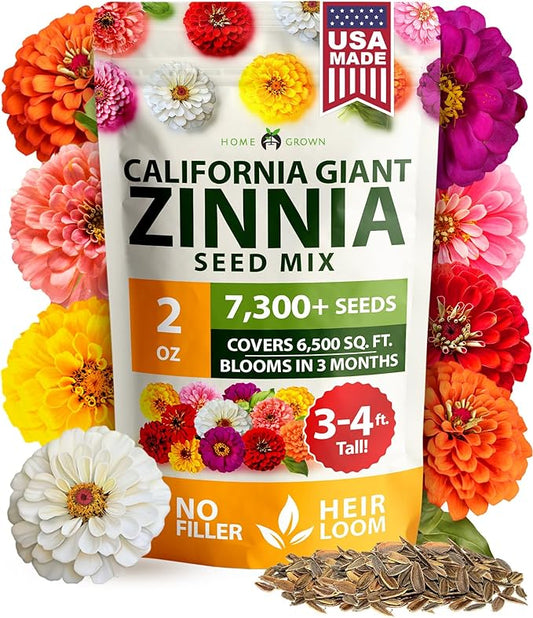 HOME GROWN Zinnia Seeds for 2026 - California Giant Mix - 7,300+ (2 oz) Non GMO Plant Wildflower Blooms – Bulk Seeds for Planting Flowers Outside - Pollinator Gardens (Zinnia elegans)