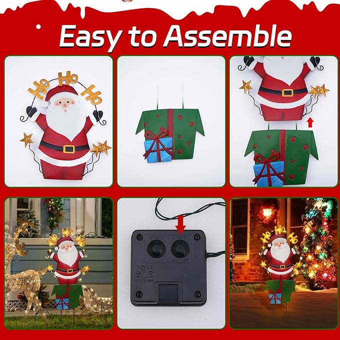 Christmas Outdoor Yard Signs Decorations, LED Solar Metal Garden Stake Lights with Joy for Patio Lawn Christmas Decor (Santa Claus)